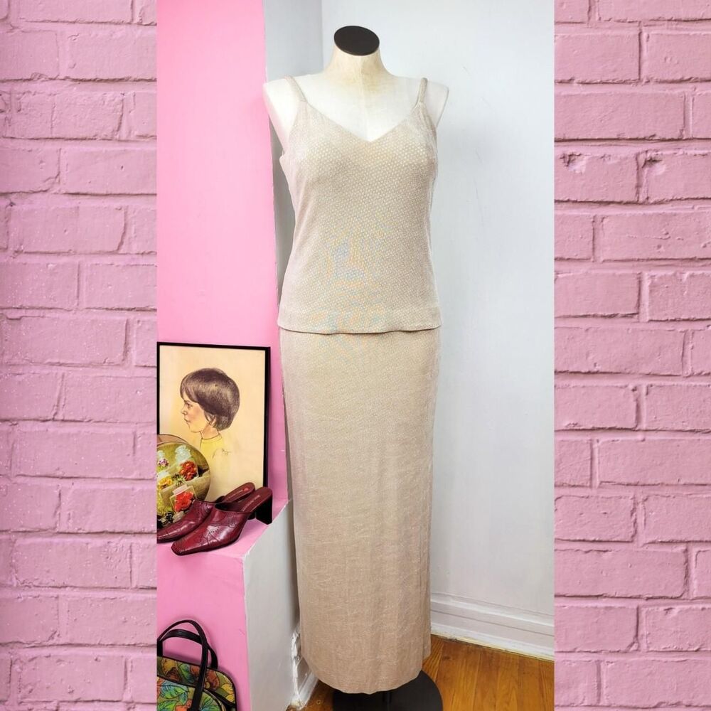 Vintage 90s Champagne Shimmery Layered Tank Maxi Dress